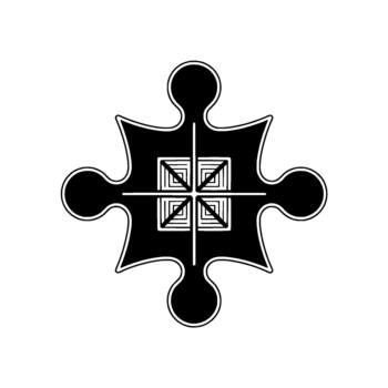 un minimalista representación de un cuatro pedazo rompecabezas pedazo silueta con concéntrico cuadrado patrones en el centrar vector