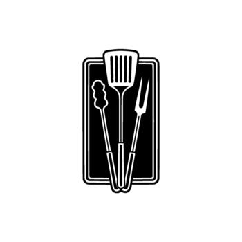 A minimalist illustration featuring a set of three essential barbecue grilling tools including tongs a spatula and a fork inside a stylized rectangular border vector
