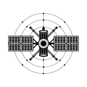 Minimalist illustration of a satellite in orbit featuring solar panels and geometric orbital path with connected nodes vector