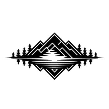 geométrico ilustración de estilizado montañas y pino arboles reflejado en agua creando un simétrico diamante forma vector