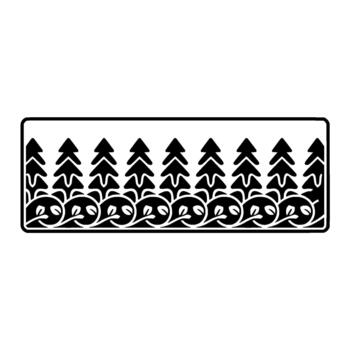 silhouette border featuring a row of stylized evergreen trees above a repeating pattern of cute panda faces with leafy accents vector
