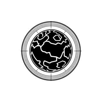 Stylized illustration of a planet with segmented continents inside concentric circles and targeting reticles vector