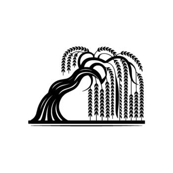 A stylized silhouette of a gracefully weeping willow tree with flowing branches and elongated leaves vector
