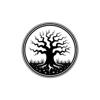 Stylized silhouette of an ancient gnarled oak tree with prominent roots and grass within a circular border vector