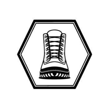 illustration of a detailed hiking boot with laces and a thick sole centered within a hexagonal frame vector