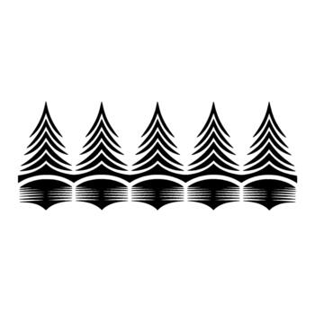 A stylized linear illustration of a repeating pattern featuring five abstract evergreen trees with layered branches and a decorative base vector