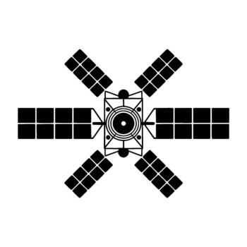 un minimalista silueta de un simétrico espacio satélite con cuatro solar panel matrices radiante hacia fuera vector