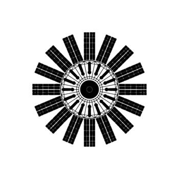 Geometric circular emblem featuring radial symmetry with radiating rectangular solar panels and internal concentric circular elements vector