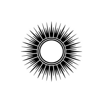 A stylized sunburst emblem featuring a central circular void with layered rings and sharp radiating spikes vector