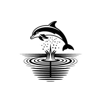 Stylized illustration of a playful dolphin leaping out of stylized water creating a splash and ripples with tiny droplets falling back vector