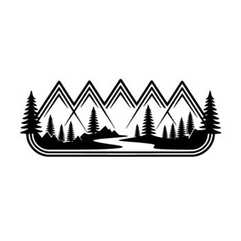 Stylized silhouette depicting a majestic mountain range with sharp peaks above a winding river and dense pine forest vector