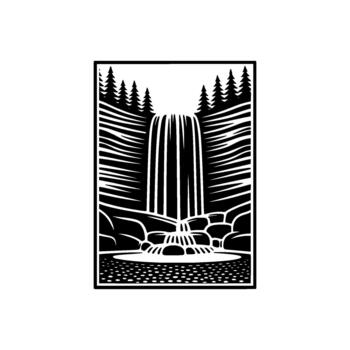 A striking woodcut style illustration depicting a majestic cascading waterfall surrounded by stylized pine trees and rugged rocks at its base vector