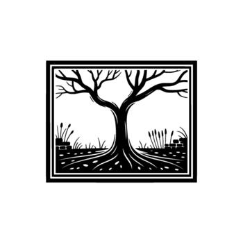 Stylized illustration of a bare deciduous tree with prominent roots and sprawling branches within a decorative border featuring a serene landscape of calm water and distant hills vector