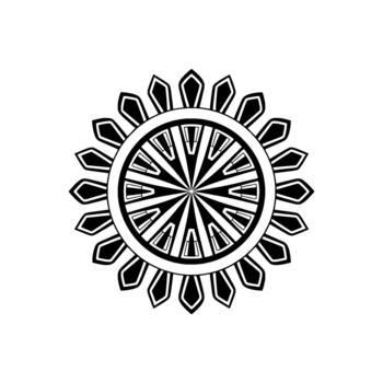 A striking geometric radial mandala pattern with sharp angular elements and a stylized petal border isolated vector