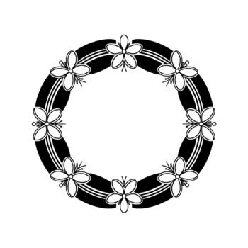 A stylized circular floral wreath composed of repeating five petal flowers with delicate stamen details adorning a thick circular frame with internal parallel lines vector