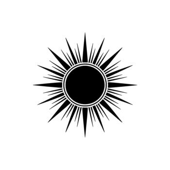A striking minimalist illustration of a stylized sunburst symbol with sharp rays radiating from a central dark circle vector