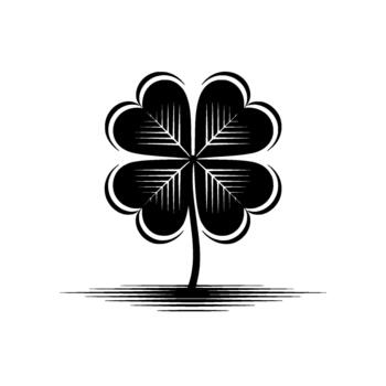 A stark silhouette of a stylized four leaf clover with detailed internal leaf veins and a subtle shadow effect vector