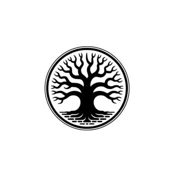 un sorprendentes silueta de un antiguo árbol de vida con intrincado raíces y ramas adjunto dentro un circular frontera presentado vector