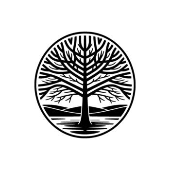 minimalista ilustración de un desnudo árbol silueta dentro un circular marco representando un sereno paisaje de laminación colinas y agua vector