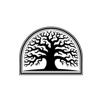 A stylized silhouette of a mature oak tree with intricate branching and a solid trunk framed within a bold arched border vector