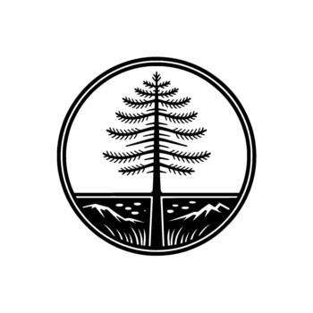 Stylized circular emblem featuring a detailed pine tree with layered branches set above a landscape of mountains and grass with small abstract dots representing ground detail vector