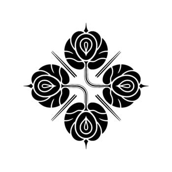 A stylized silhouette of a symmetrical floral motif featuring four abstract roselike elements radiating from a central point with subtle curved lines and thin linear accents vector