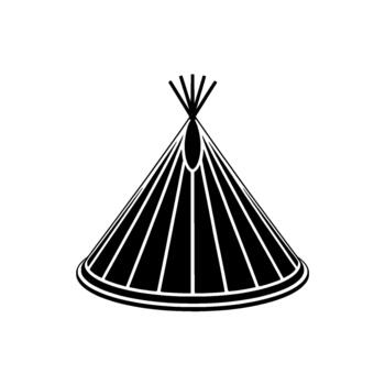 A stark abstract illustration of a conical structure with radiating lines and an oval accent reminiscent of a stylized headdress or traditional dwelling vector