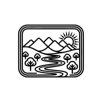 Minimalist line art illustration of a serene mountain landscape featuring a winding river surrounded by stylized trees under a radiant sun emblem enclosed in a rounded rectangular frame vector