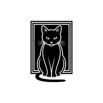 A stylized illustration of a seated cat with accents within a bold rectangular frame featuring a dark gray background and a outline vector