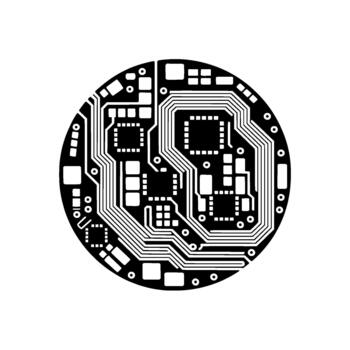 A minimalist digital illustration of a circular circuit board with intricate electronic pathways and integrated chips vector