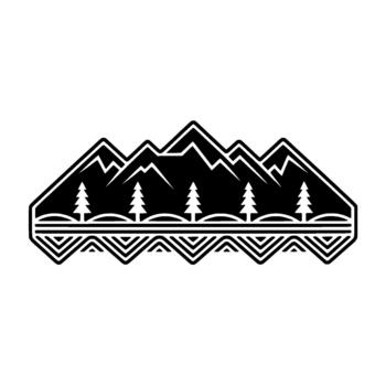 Stylized geometric line art illustration of a mountain range with evergreen trees and a decorative striped pattern base vector