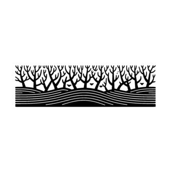 A minimalist illustration depicting a stylized forest landscape with bare tree branches and wavy lines representing rolling hills or water vector
