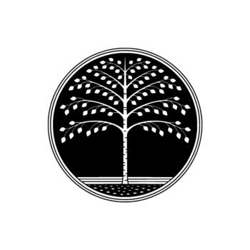 minimalista ilustración de un estilizado árbol con simétrico ramas y hojas dentro un de doble línea circular marco vector