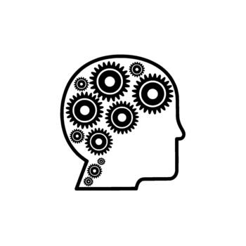 A clean minimalist illustration of a human head silhouette with interconnected gears inside representing thought process and mechanical thinking vector