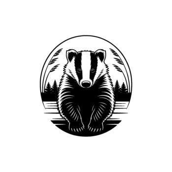 A striking illustration of a European badger sitting stoically within a circular frame showcasing pine trees and tall grass vector