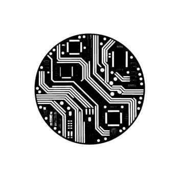 A minimalist circular circuit board pattern featuring interconnected pathways and integrated chips vector