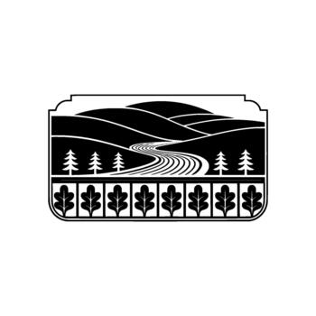 Stylized landscape emblem featuring rolling hills a winding river flanked by trees and a decorative row of oak leaves within a bordered frame vector