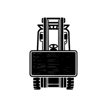 A stark and simplified illustration of a forklift truck seen from a top down frontal perspective carrying a large stack of gray flat goods vector