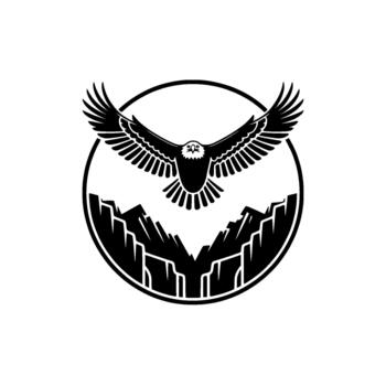 A minimalist emblem of a bald eagle in flight soaring majestically above jagged mountain peaks within a circular frame vector