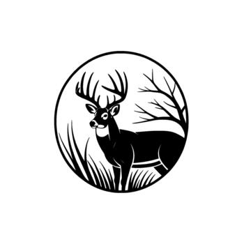 estilizado ilustración de un majestuoso dólar ciervo con impresionante cornamenta en pie en alto césped con desnudo árbol ramas detrás eso dentro un circular marco creando un sencillo aún impactante fauna silvestre mi vector