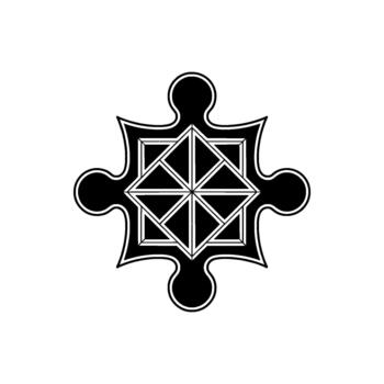A symbol resembling a geometric puzzle piece featuring an intricate interlocking diamond and triangle pattern with clean lines and a subtle outline vector