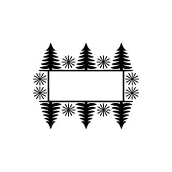minimalist border with stylized pine trees and starbursts framing a central blank rectangular space for text or logos vector