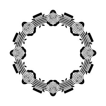 Elegant art deco inspired circular frame featuring stylized roses intertwined with concentric stripes and rectangular accents vector