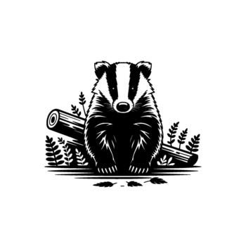 A stylized illustration of a friendly badger sitting in front of a log surrounded by simple foliage vector