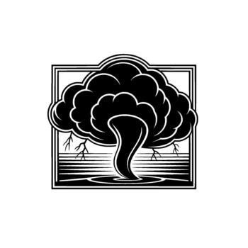 estilizado ilustración de un arremolinándose tornado embudo nube emergente desde estilizado agua y rodeado por relámpago huelgas dentro un decorativo frontera vector