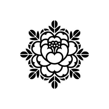 A symmetrical stencil art of a blooming peony flower with six symmetrical leaf clusters creating a circular mandala pattern vector