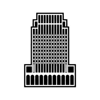 A minimalist silhouette of a stylized art deco skyscraper building featuring repetitive vertical lines and arched windows vector