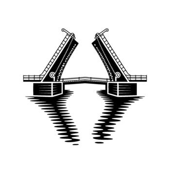 A minimalist illustration of an open drawbridge with detailed mechanical elements and a distorted reflection vector