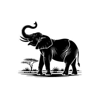 A striking silhouette of an adult African elephant with its trunk raised high stands majestically in a minimalist savanna landscape with sparse vegetation and a single acaciatree vector