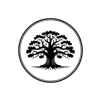 un estilizado silueta de un antiguo roble árbol con prominente raíces y un lleno pabellón de hojas adjunto dentro un doble circular frontera aislado vector